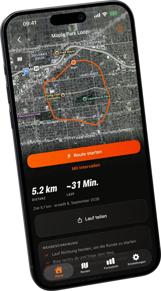Eine gespeicherte Route mit Distanz und geschätzter Zeit, einem Button „Route starten“ und einem Button „Teilen“.