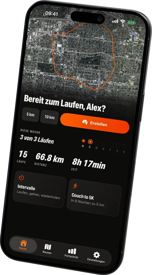 Der Bildschirm „Heute“ mit einer Karte der letzten Route, Distanz-Kurzwahlen und einem Button „Erstellen“.