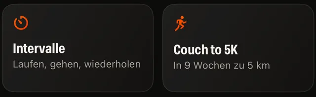 Zwei Kacheln vom Bildschirm „Heute“: Intervalle und das Programm Couch to 5K.