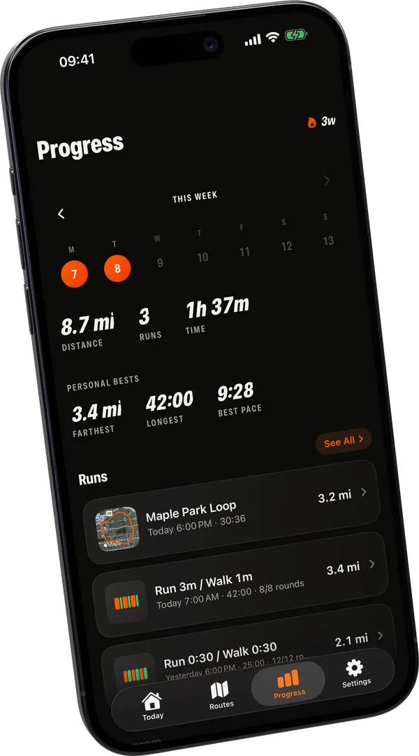 The Progress screen: the current week, distance, runs and time, personal bests and the runs below.