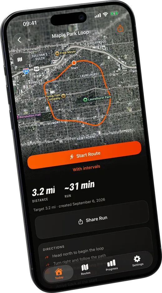 A saved route with its distance and estimated time, a Start Route button and a Share button.