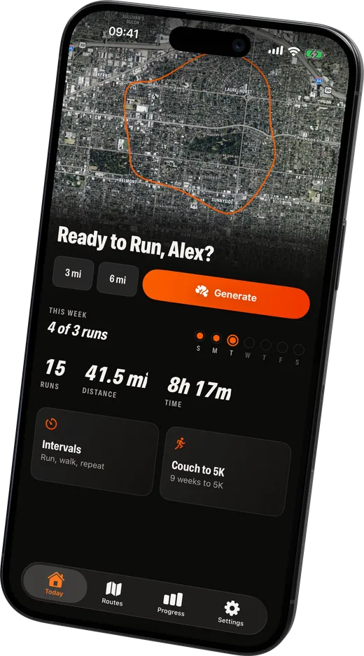 The Today screen with a map of the latest route, distance shortcuts and a Generate button.