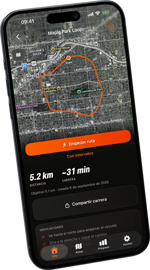 Una ruta guardada con su distancia y tiempo estimado, un botón Empezar ruta y un botón Compartir.