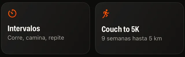Dos tarjetas de la pantalla Hoy: Intervalos y el programa Couch to 5K.