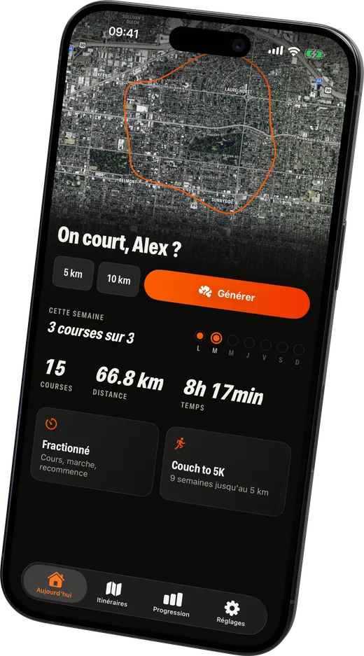 L'écran Aujourd'hui avec une carte du dernier parcours, des raccourcis de distance et un bouton Générer.
