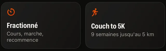 Deux tuiles de l'écran Aujourd'hui : Fractionné et le programme Couch to 5K.