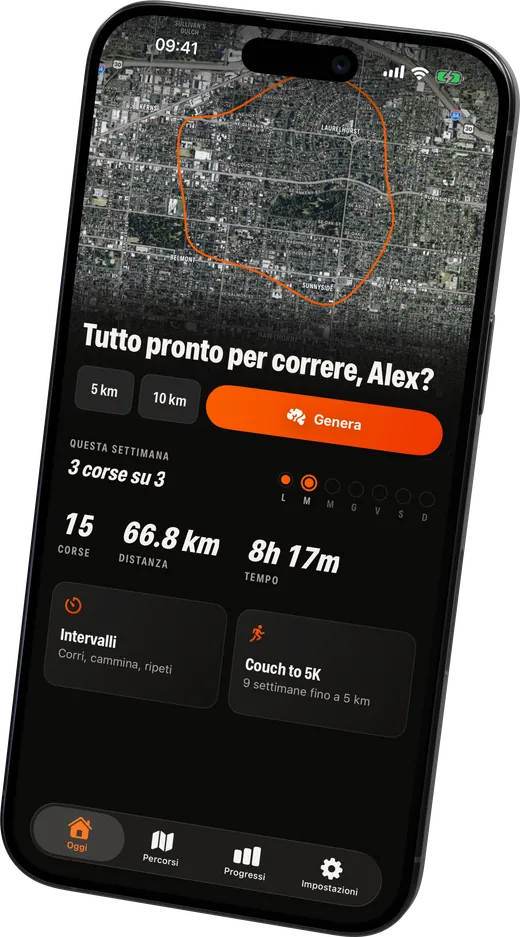 La schermata Oggi con la mappa dell'ultimo percorso, le scorciatoie per la distanza e un pulsante Genera.