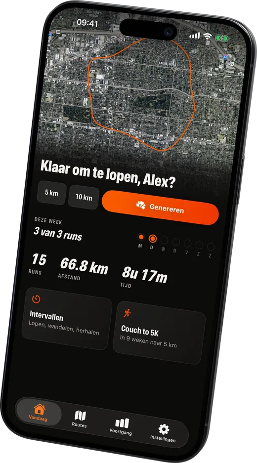 Het scherm Vandaag met een kaart van de laatste route, snelkeuzes voor de afstand en een knop Genereren.