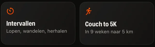 Twee tegels van het scherm Vandaag: Intervallen en het Couch to 5K-programma.